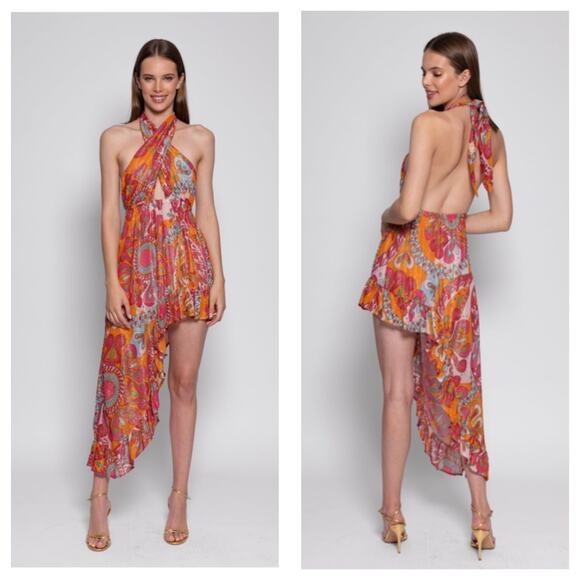 Sundress Amina Dress Size Large Fuchsia orange Print Halter Neck Asymmetric Hem - Picture 14 of 14